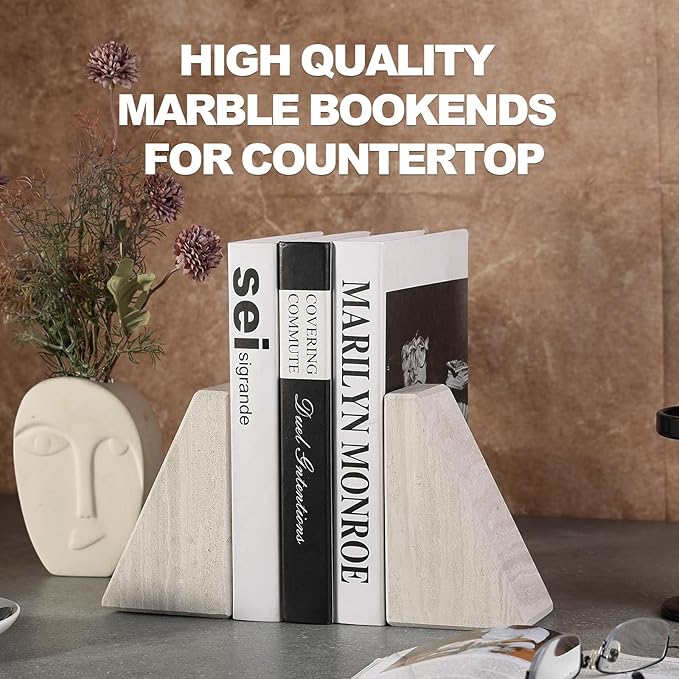 Marble Book Ends for Heavy Books, Decorative Bookends for Shelves, Durable and Heavy-Duty Bookends for Hardback Book & CDS, Off-White Unique Books Stopper & Holder, Set of 2-Ruum Studio Home