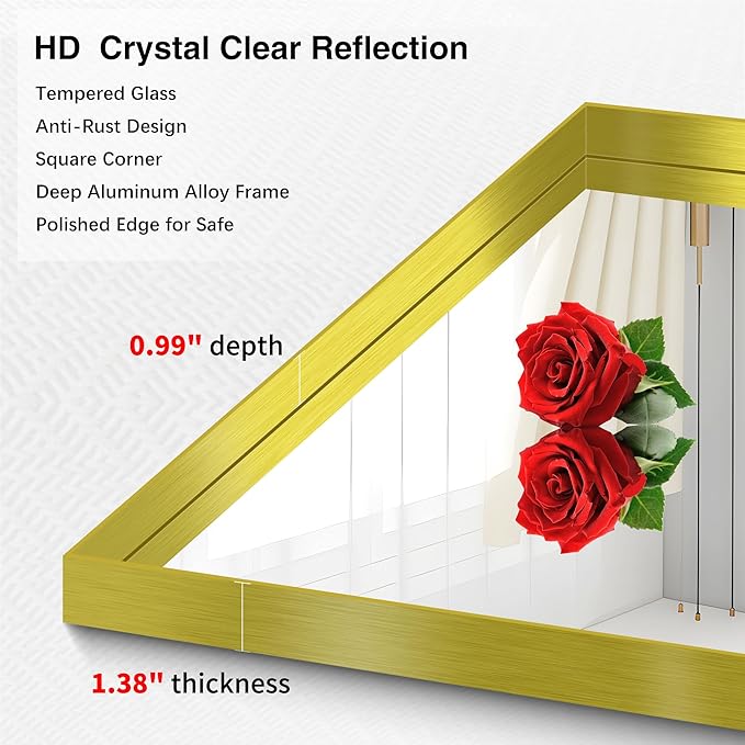 Gold Bathroom Mirror, 30x30 Inch Rectangular Framed Mirror, Large Wall Mounted Bathroom Vanity Mirror Over Sink for Bedroom,Restroom, Living Room, Hangs Vertically or Horizontally-Ruum Studio Home