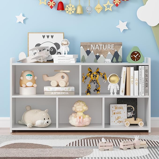 Book Shelf Set of 2, 5 Cubes Storage Organizer, Open Shelf Wooden Bookcase, Freestanding White Bookshelf Cube Shelf for Bedroom, Living Room, Home Office-Ruum Studio Home