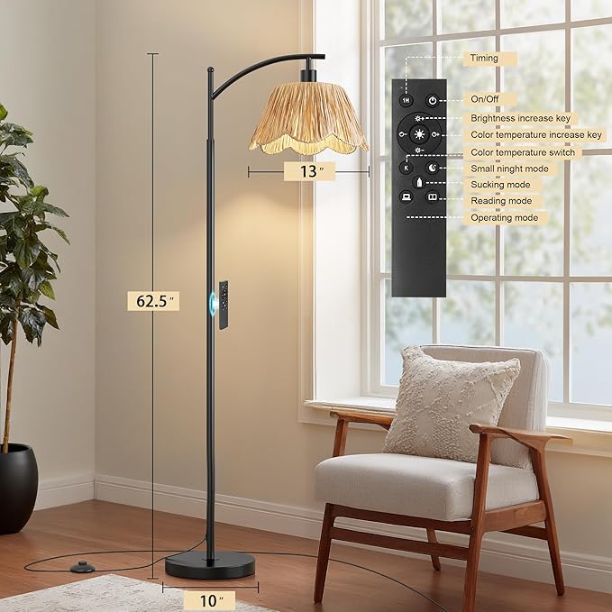 Oneach Arc Floor Lamp for Living Room with 3 Color Temperatures, Rattan Boho Floor Lamp with Hand-Woven Wicker Shade,Farmhouse Floor Lamps with Remote & Dimmable Bulb, Suitable for Bedroom（Black）-Ruum Studio Home