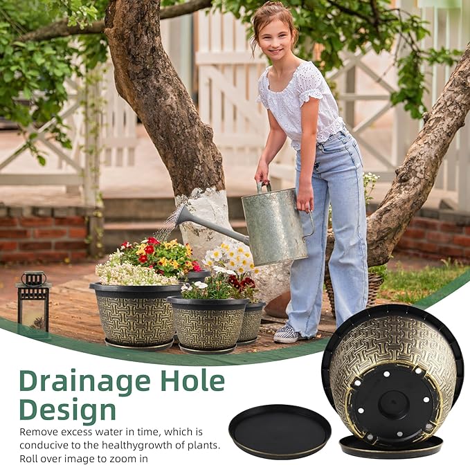 8 Inch Plant Pots, 4 Pack Flower Pot Outdoor with Drainage Holes & Trays, Retro Antique Imitation Decorative Garden Plastic Planters Pots for Plants Indoor Sets for Houseplants-Ruum Studio Home