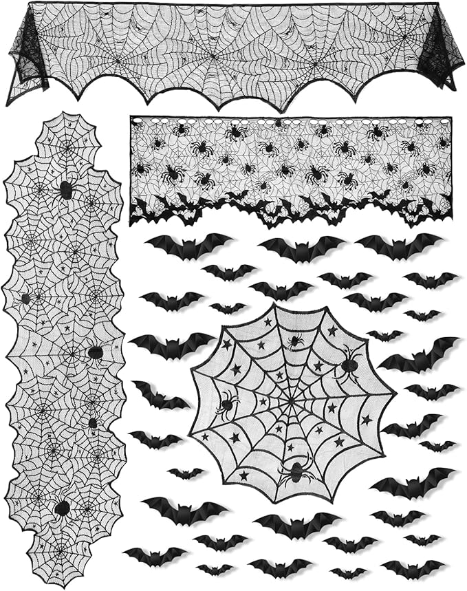 eZAKKA 5 Pack Halloween Decorations Indoor Halloween Spider Web Tablecloth Table Runners Fireplace Mantel Scarf Cobweb Lampshade Scary 3D Bats for Parties Gothic Spooky Home Decoration-Ruum Studio Home