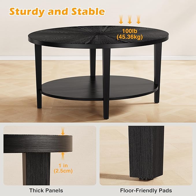 Solid Wood Oval Coffee Table for Living Room, 2 Tier Oval Rustic Coffee Table with Storage Shelf, Double Layer Center Table for Living Room, Easy Assembly-Ruum Studio Home