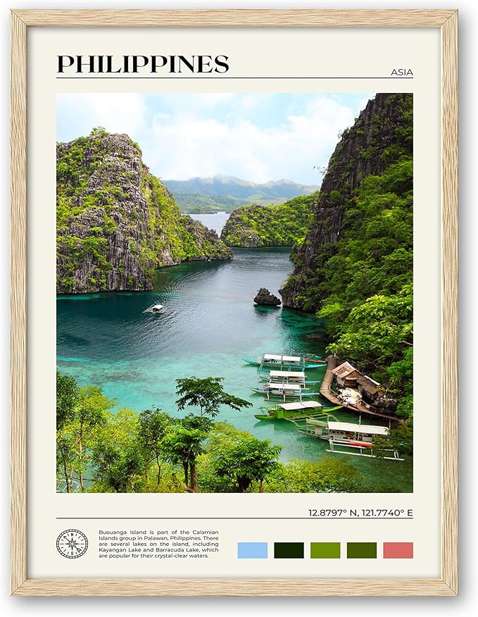HesenDot Natural OAK Wood Framed Philippines Natural Scenery Wall Art,12x16in Busuanga Island Landscape Canvas Print,Urban Landmark Wall Decor for Living Room,Bedroom,Office Gallery,Set of 1-Ruum Studio Home