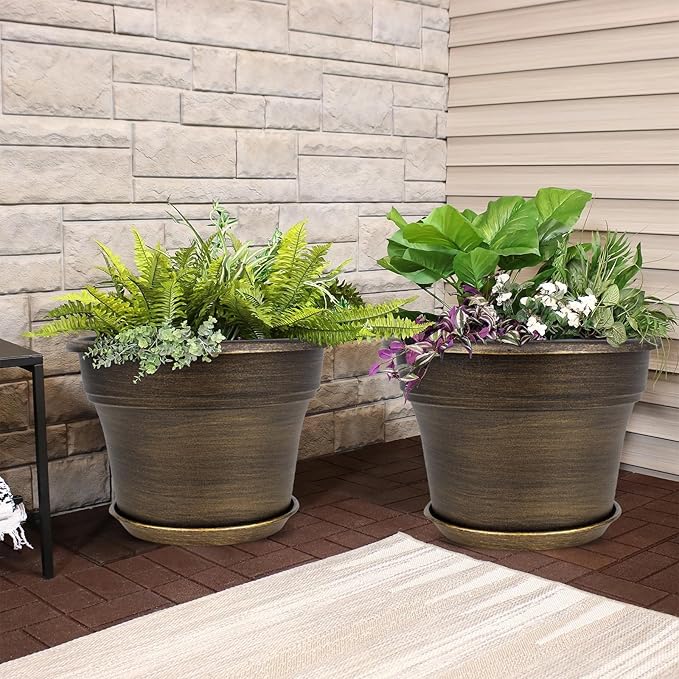 Plant Planters Pots Set of 4 Pack 10 Inch, Plastic Flower Pot for Indoor Plants with Drainage Holes & Trays, Resin Decorative Container Sets with Saucer for House Outdoor Garden Planters Dark Gold-Ruum Studio Home