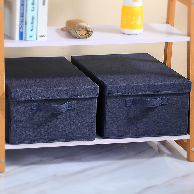 HOONEX Foldable Storage Bins with Lids, Pack of 2, Storage Boxes with 2 Carrying Handles and Heavy Cardboard, 16.5" L x 11.8" W x 7.5" H for Shoes, Clothes, Blue-Ruum Studio Home