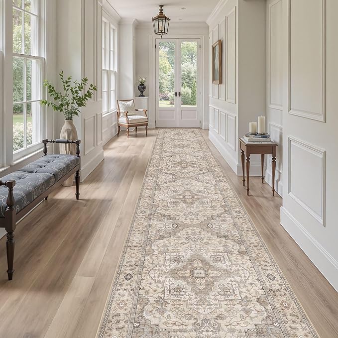 Washable 3x20 Runner Rug - Area Rugs Neutral Vintage Distressed Floral Farmhouse Boho Large Soft Floor Rug Indoor Carpet for Hallway Entryway Home - Brown/Multi-Ruum Studio Home