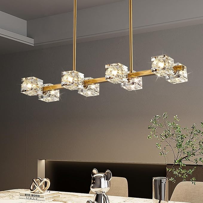 Dining Room Light Fixture,Gold Modern Crystal Chandelier Rectangular Pendant Light with 8 Light Farmhouse Chandeliers for Kitchen Island Dining Room Living Room Bedroom-Ruum Studio Home