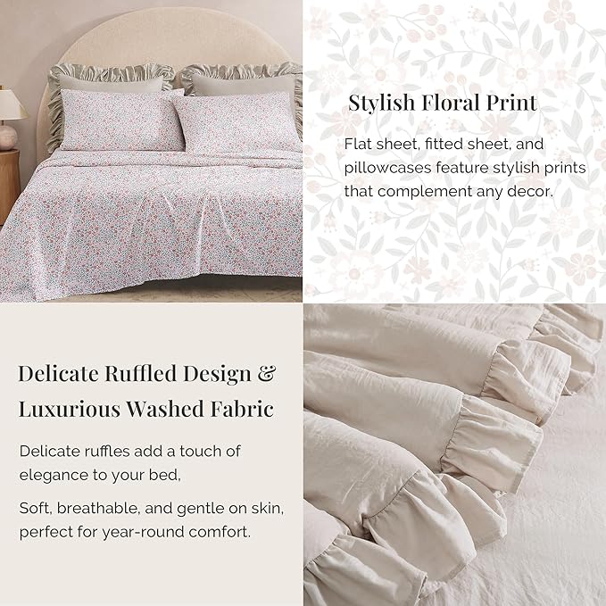 Queen Comforter Set - 7 Pieces Ruffle Beige Bedding Sets, Shabby Chic Farmhouse Bed in a Bag Queen with Ruffle Comforter, Floral Sheets, Pillowcases & Shams-Ruum Studio Home
