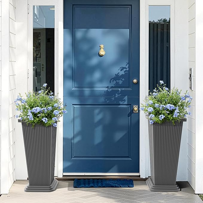 FENCY Set of 2 Tall Planters for Outdoor Plants, 24 Inch Large Tapered Pots with Drainage Trays, Weather-Resistant Plastic Plant Containers for Patio, Porch, Garden, Front Door Decor,Gray,Striped-Ruum Studio Home