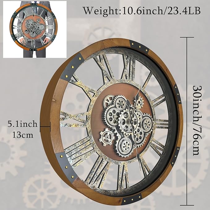 30 Inch Moving Gear Wall Clock, Oversized Wall Clocks, Clock Living Room Decor, Solid Wood Frame, Battery Operated, Large Wall Clock with Steampunk Industrial for Fireplace(Machilus)-Ruum Studio Home