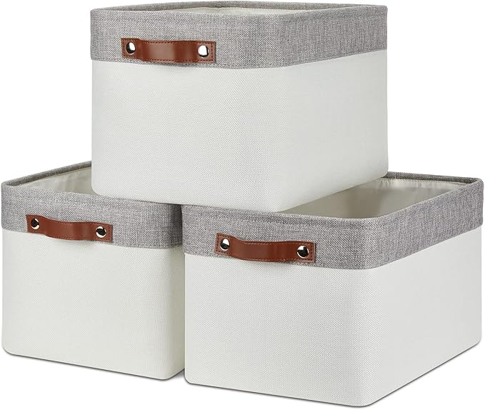 DULLEMELO Storage Baskets for Organizing, Shelves,Bedroom, Decorative Storage Bins with Leather Handles, Fabric Storage Basket for Office, Toys(3-Pack Medium-15 inch X 11 inch X 9.5 inch , Grey&White)-Ruum Studio Home