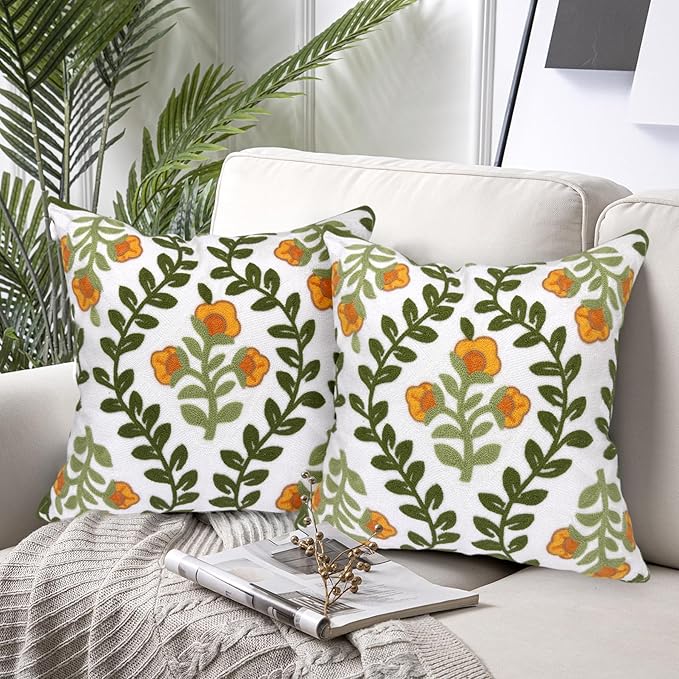 Alysheer Floral Embroidered Summer Decorative Throw Pillow Covers 18"x 18" Set of 2, Farmhouse Cottage Orange Flowers Green Leaves Knit Patterned Cotton Canvas Cushion Case for Couch Bed Living Room-Ruum Studio Home