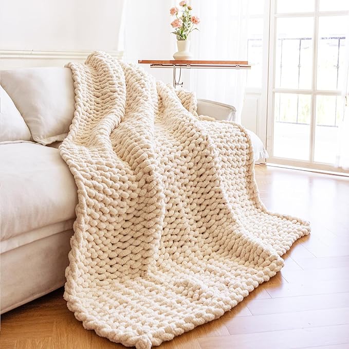 Chunky Knit Blanket - Luxury Soft Cozy Extra Large Size (80 * 90) Throw Blanket,100% Woven Blanket Rope Knot Throw Blanket for Couch, Sofa, Home Decor, Gift - Machine Washable（Cream）-Ruum Studio Home