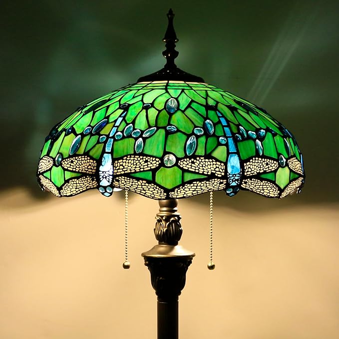 Tiffany Floor Lamp Stained Glass Lamp Standing Reading Light 16x16x70 Inch for Living Room (Green Dragonfly)-Ruum Studio Home
