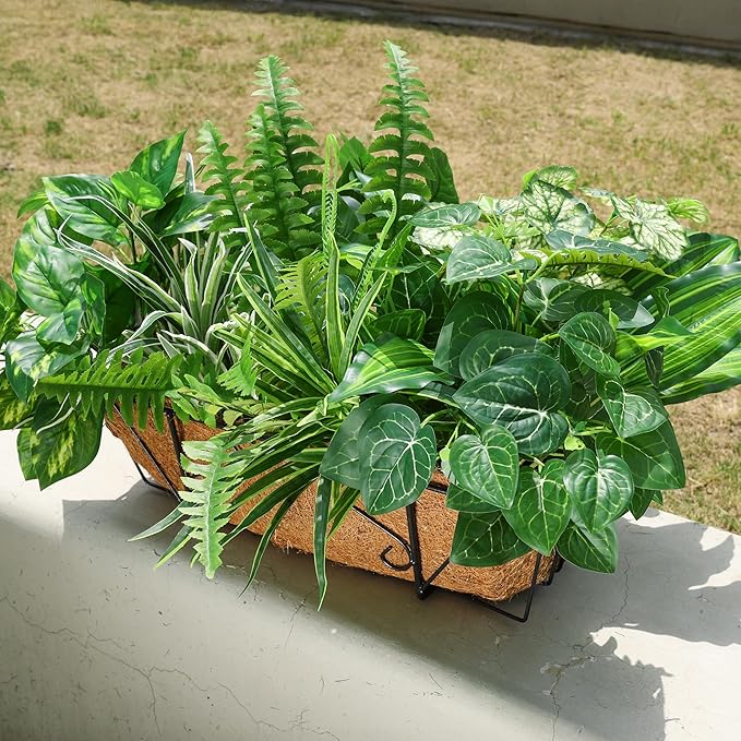 Artificial Greenery Plants Fake Plastic Leaves with Stems UV Resistant Large Bunches Outside Faux Plants Bushes for Outdoor Patio Garden Front Porch Yard Decor (Green)-Ruum Studio Home