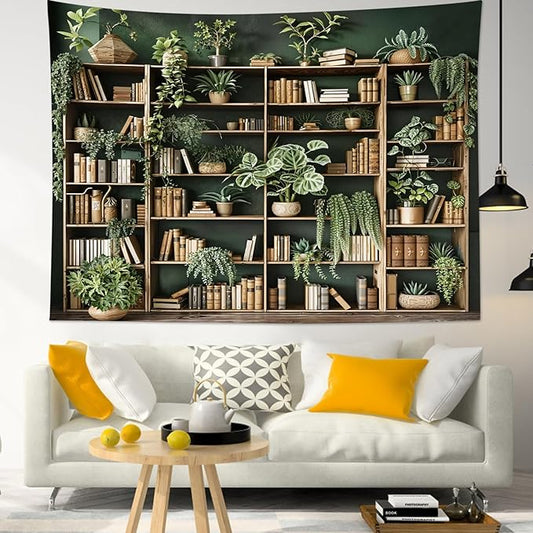 HVEST Green Plant Bookshelf Tapestry Book on Bookshelf and Plant Potted Tapestry Wall Hanging Reading Wall Tapestries for Study Room Bedroom Living Room College Dorm Decor, 51L x 59W Inches-Ruum Studio Home