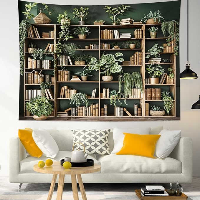 HVEST Green Plant Bookshelf Tapestry Book on Bookshelf and Plant Potted Tapestry Wall Hanging Reading Wall Art Decor for Study Room Bedroom Living Room College Dorm, 40L x 60W Inches-Ruum Studio Home