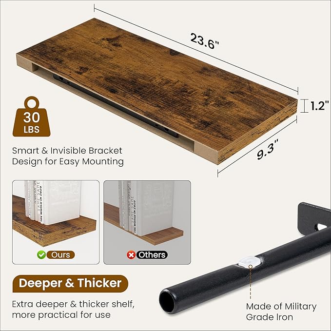 Fun Memories 24 Inch Floating Shelves for Wall, 9 Inch Deep Brown Rustic Wood Wall Mounted Shelves for Bathroom, Kitchen, Living Room, Set of 2-Ruum Studio Home