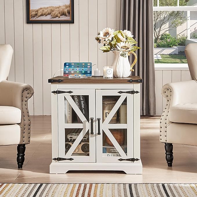24" End Table with Charging Station, Farmhouse Night Stand with Glass Barn Door, White Nightstands with Adjustable Storage Shelf, Large Wood Square Bed Side Table for Living Room,Bedroom-Ruum Studio Home