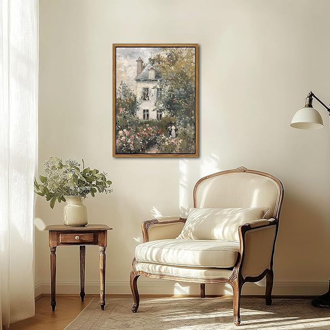 Floating Framed Canvas Vintage Wall Art, Neutral English Cottage Rose Garden Oil Paintings Print, Spring Pictures Wall Decor for Living Room Hallway Bedroom Office Rustic Decor 16x24 inch-Ruum Studio Home