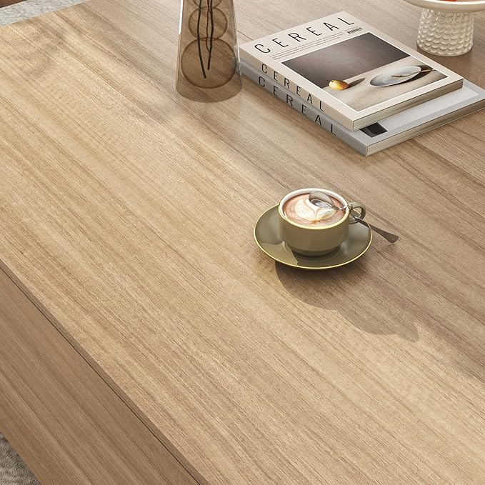 43” Square Coffee Table with Storage, 43" D x 43" W x 17" H Modern Large Square Center Table with 2 Drawers, Wood Coffee Table for Living Room, Light Brown,Bedroom,Light Brown-Ruum Studio Home