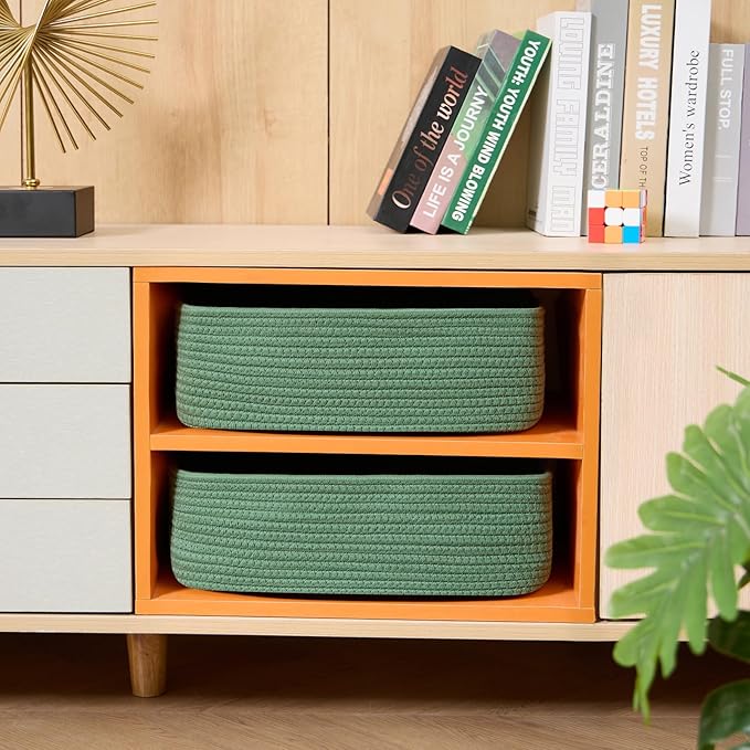 Large Shallow Organizing Baskets 15x11x5.1 Inches - Rope Woven Storage Bins for Bathroom, Shelves, Cube Closet, Green 2 Packs-Ruum Studio Home