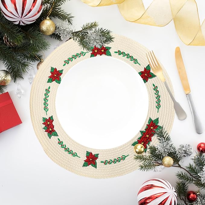 Whaline 4Pcs Round Christmas Flower Placemats Embroidered Xmas Poinsettia Place Mats Decorative Dinner Table Mats for Holiday Party Decor-Ruum Studio Home