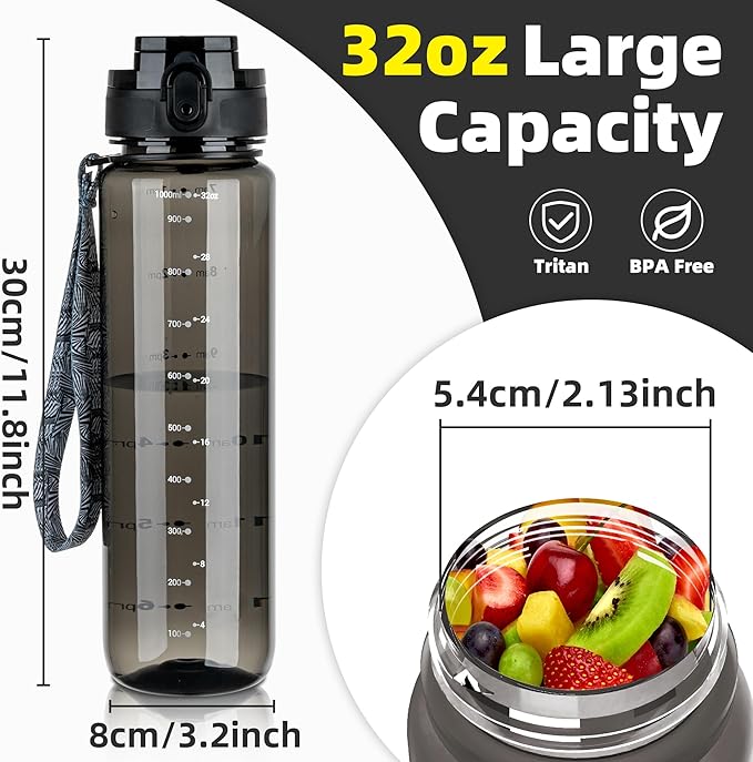 OLDLEY 32 oz Water Bottle, Motivational Water Bottle with Time Marker, Sports Water Bottle With Strap, Leakproof & BPA Free Large Water Bottles for School, Gym, Travel,Tritan, Transparent Black-Ruum Studio Home