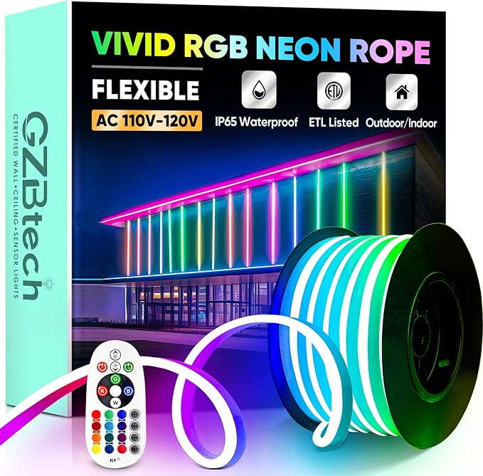 GZBtech RGB LED Neon Rope Lights 33FT/10M, AC 110-120V Waterproof Color Changing LED Rope with Remote Controller, Dimmable Multi Color Neon Rope Lighting for Indoor Outdoor Commercial Use-Ruum Studio Home