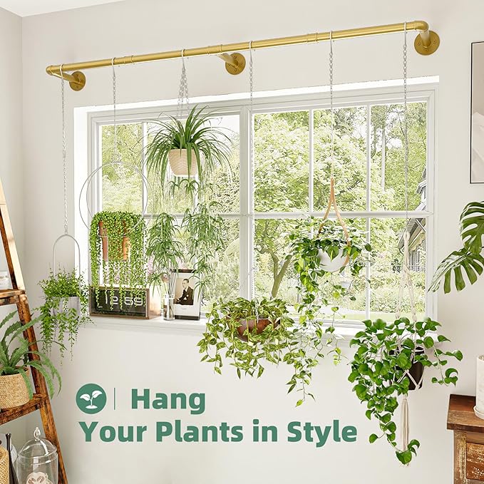 Plant Hanger Indoor Hanging Planters for Indoor Plants Hanging Plant Holder Window Plant Rod Gold Metal Shelves 63 Inch (Pot/Chains not Included-Ruum Studio Home