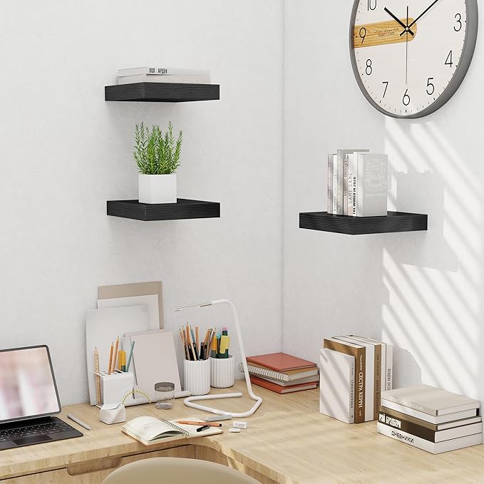 Fun Memories Floating Shelves for Wall 10 Inch, 10 Inch Deep Square Wall Shelves, Bathroom Storage Shelves Over Toilet, Wood Floating Shelves for Living Room Bedroom, Black, Set of 2-Ruum Studio Home