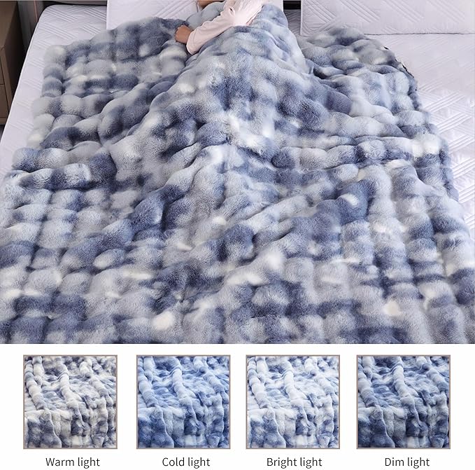 Tie-dye Blue Twin Cozy Faux Fur Blanket for Couch Bed Living Room 60x80 Furry Soft Fluffy Thick Warm Throw Blanket for Winter Home Gifts 860 GSM-Ruum Studio Home