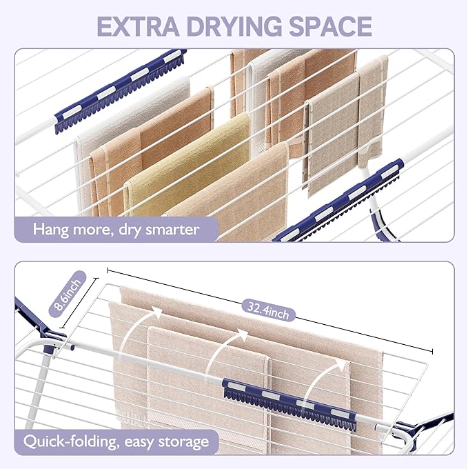 APEXCHASER Clothes Drying Rack Foldable, Drying Rack Clothing Large Space, Winged Laundry Rack with Sock Clips for Hanging Towels Clothes Dress Bedding Indoor Outdoor, White-Ruum Studio Home