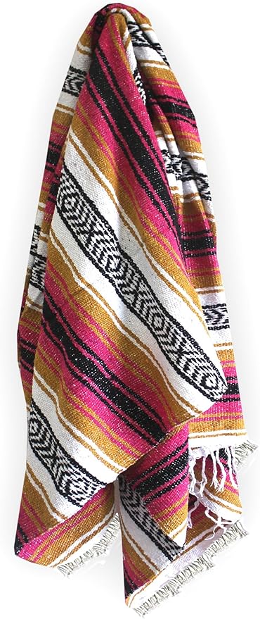 Del Mex Classic Mexican Blanket, Large Authentic Woven Falsa Throw (70"x50"), Artisan Southwest Décor for Beach, Yoga, Outdoors (Gold/Fuchsia)-Ruum Studio Home