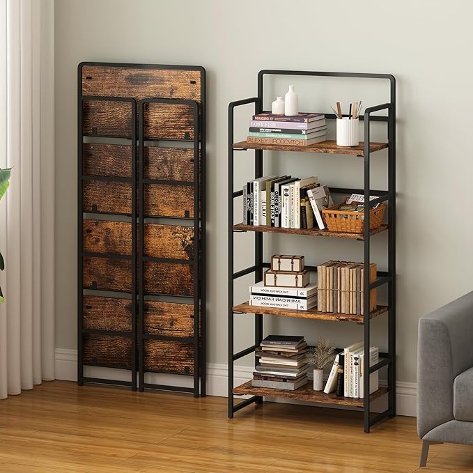 4NM No Assembly Foldable Bookshelf, 4-Shelf Collapsible Bookcase Storage for Small Spaces, 54" H, Rustic Brown and Black-Ruum Studio Home