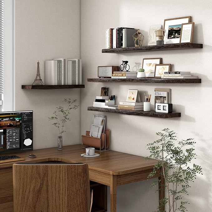Axeman 24 inch Floating Shelves for Wall - 8'' D Live Edge Rustic Solid Elm Wood Floating Shelves Wall Mounted, Wall Shelves with Invisible Bracket for Living Room Bedroom Kitchen, Set of 2 Walnut-Ruum Studio Home