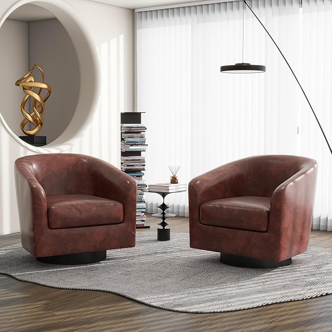 Swivel Barrel Accent Chair, Modern Round Faux Leather Arm Chair for Living Room, Bedroom, Comfy Club Reading Chairs for Adults(Faux Leather, Red Brown, Set of 2)-Ruum Studio Home