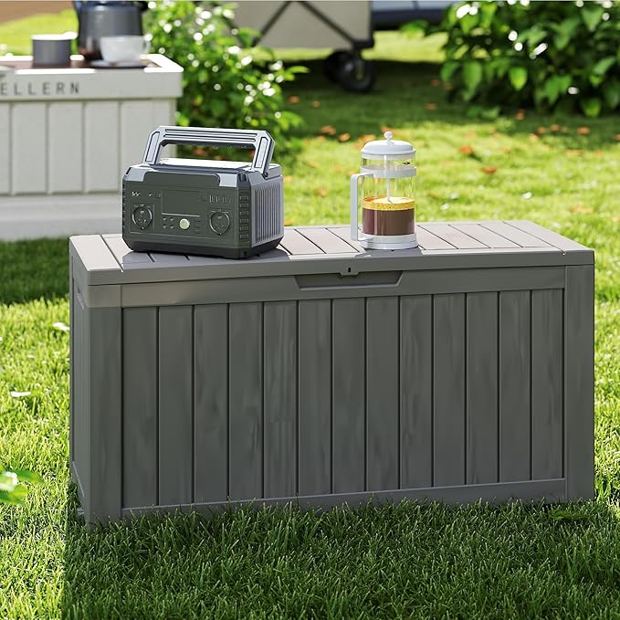 90 Gallon Lockable Resin Deck Box with Wheels, Waterproof & UV-Resistant Outdoor Storage Box for Outdoor Cushion Storage, Garden Tools & Pool Accessories Storage, Gray-Ruum Studio Home