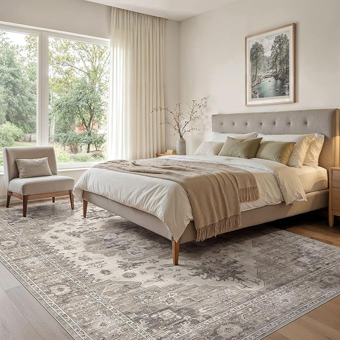 Washable Area Rugs for Living Room -10x13 Neutral Vintage Distressed Floral Farmhouse Boho Large Soft Floor Rug Indoor Non Slip Carpet for Living Room Bedroom Dining Room Office-Brown/Beige-Ruum Studio Home