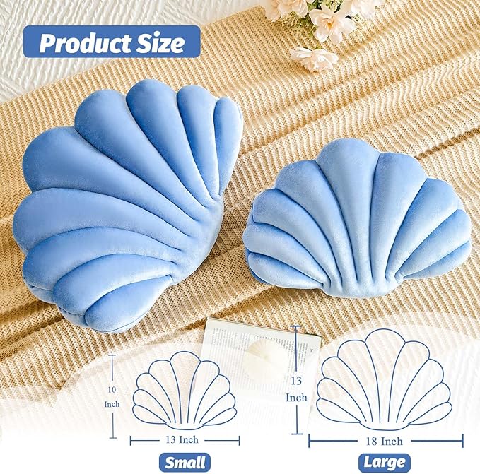 Dusty Blue Seashell Throw Pillows, Shell Shaped Throw Pillows, 13 Inch Soft Velvet Home Decorative Pillow Plush Cushion for Bed Couch Living Sofa Room Decor Accent Throw Pillow-Ruum Studio Home