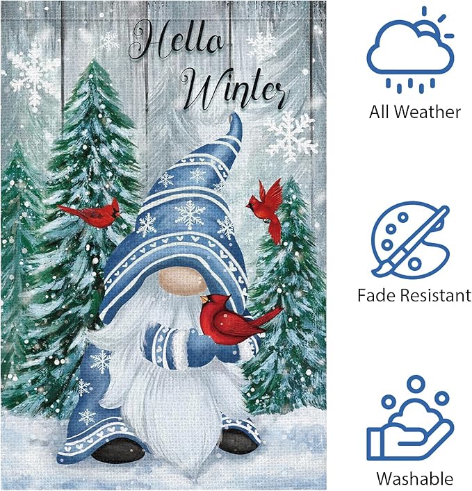 Hello Winter Gnome Garden Flag 12x18 Double Sided Burlap Cardinals Snowflakes Snow Yard Flags for Christmas Seasonal Outside Outdoor House Decoration (ONLY FLAG)-Ruum Studio Home
