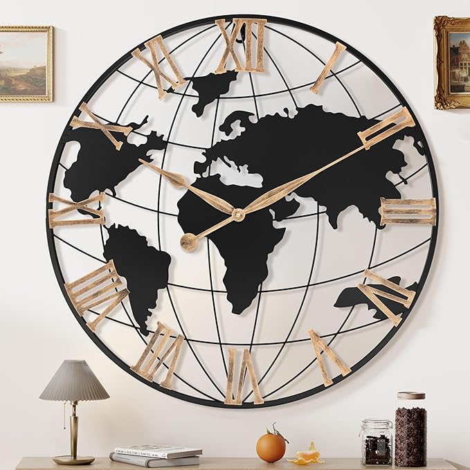 30 Inch Extra Giant Large Wall Clock Oversized,Black Big Metal Modern Decorative Silent World Map Wall Clock with Vintage Gold Roman Numeral for Office,Living Room,Kitchen,Dining Room Decor-Ruum Studio Home