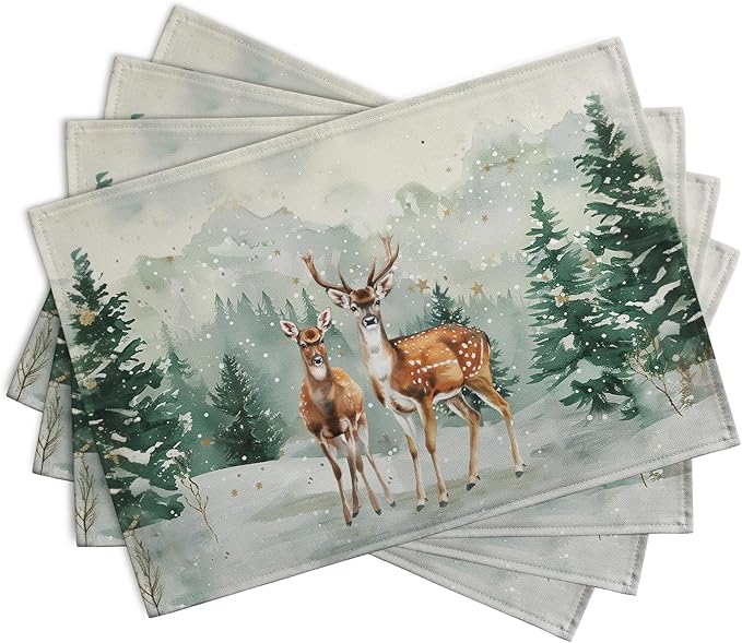 Christmas Watercolor Deer Trees Snowflakes Placemats Set of 4 Winter Rustic Nature Forest Linen Table Mat 12x18 Inch Seasonal Farmhouse Washable Place Mats for Dining Table Kitchen Xmas Decor-Ruum Studio Home