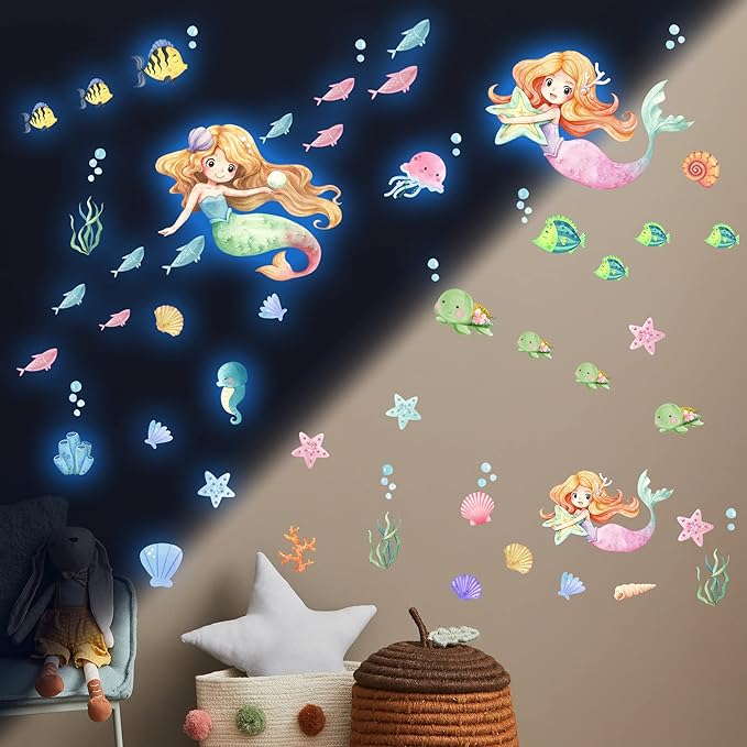 Glow in The Dark Stars Mermaid Wall Decals, Turtle Ocean Fish Stickers for Ceiling, DIY Wall Decor for Nursery Playroom Living Room, Birthday Christmas Gift-Ruum Studio Home