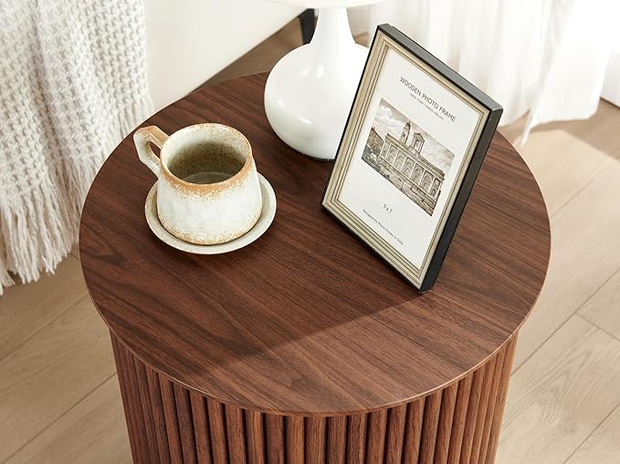 AVZEAR Small Round Side Table Fluted Night Stand Set of 2, 17.7" Mid Century Modern End Table, Circle Bedside Tables Wood Nightstands for Small Spaces, Living Room, Bedroom (Rustic Walnut)-Ruum Studio Home