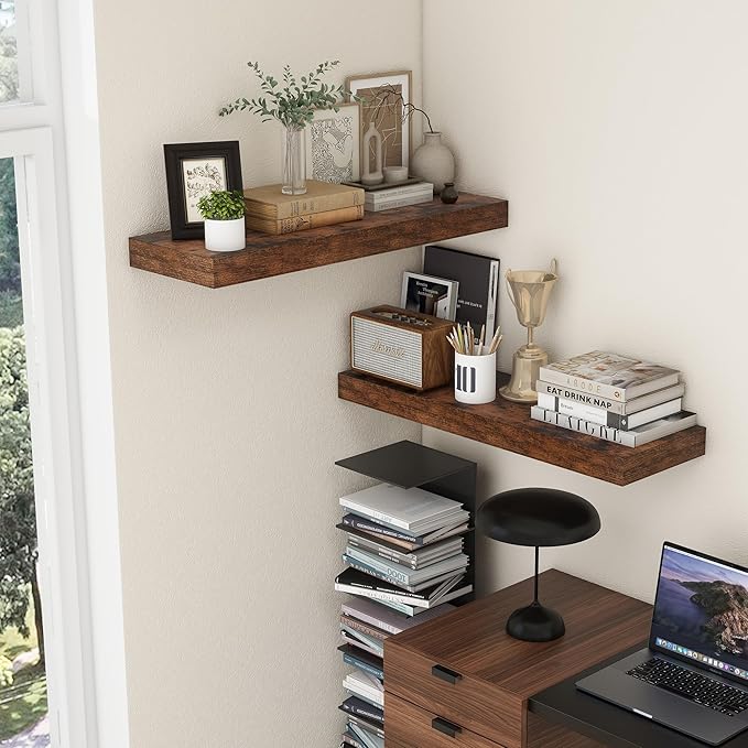 Deep Floating Shelves, 12 Inch Deep Rustic Floating Shelves for Wall Set of 2, 36W x 12D Large Wood Shelves for Living Room Bathroom Laundry Room Bedroom Kitchen Home Office - Rustic Brown-Ruum Studio Home