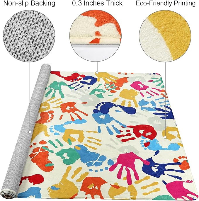 STARUIA Large Kids Rug for Playroom, 8'x10' Handprints and Footprints Colorful Rug for Classroom, Non-Slip Washable Rugs for Nursery, Soft Throw Carpet Indoor Playmat for Kids Room Dorm Bedroom-Ruum Studio Home