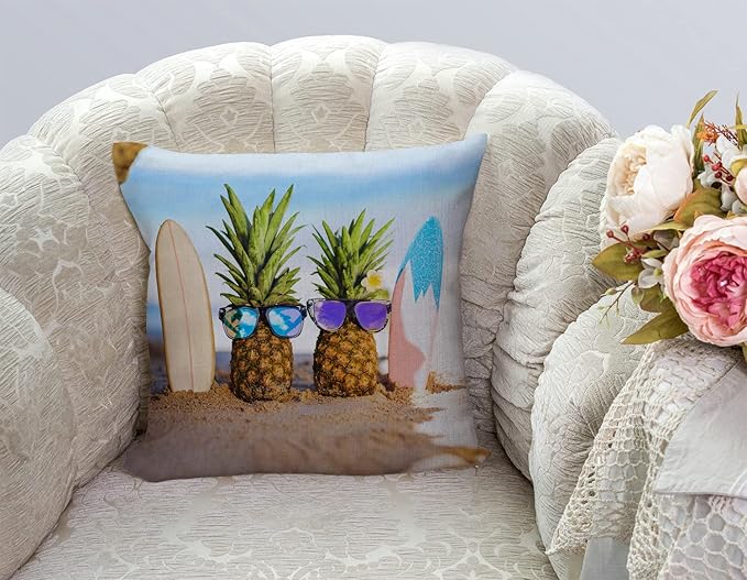 TSSOHU Yellow Pineapple with Glasses on The Sandbeach Throw Pillow Case Cushion Cover Couch Sofa Decorative Square 18x18 inches-Ruum Studio Home