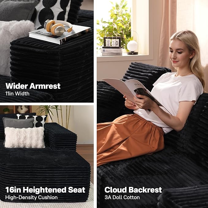 104" Cloudy Sectional L Shaped Couch for Living Room, No Assembly Required, Modular Comfy Sofa with Deep Seat, Fluffy Couch with Sleeper Chaise for Apartment Lounge (Black)-Ruum Studio Home